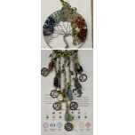 Chakra Hanger - Tree of Life chip pendant (20mm, about 7.5" OD) and 7 Tumble stones in cage with charms, - 14" in length